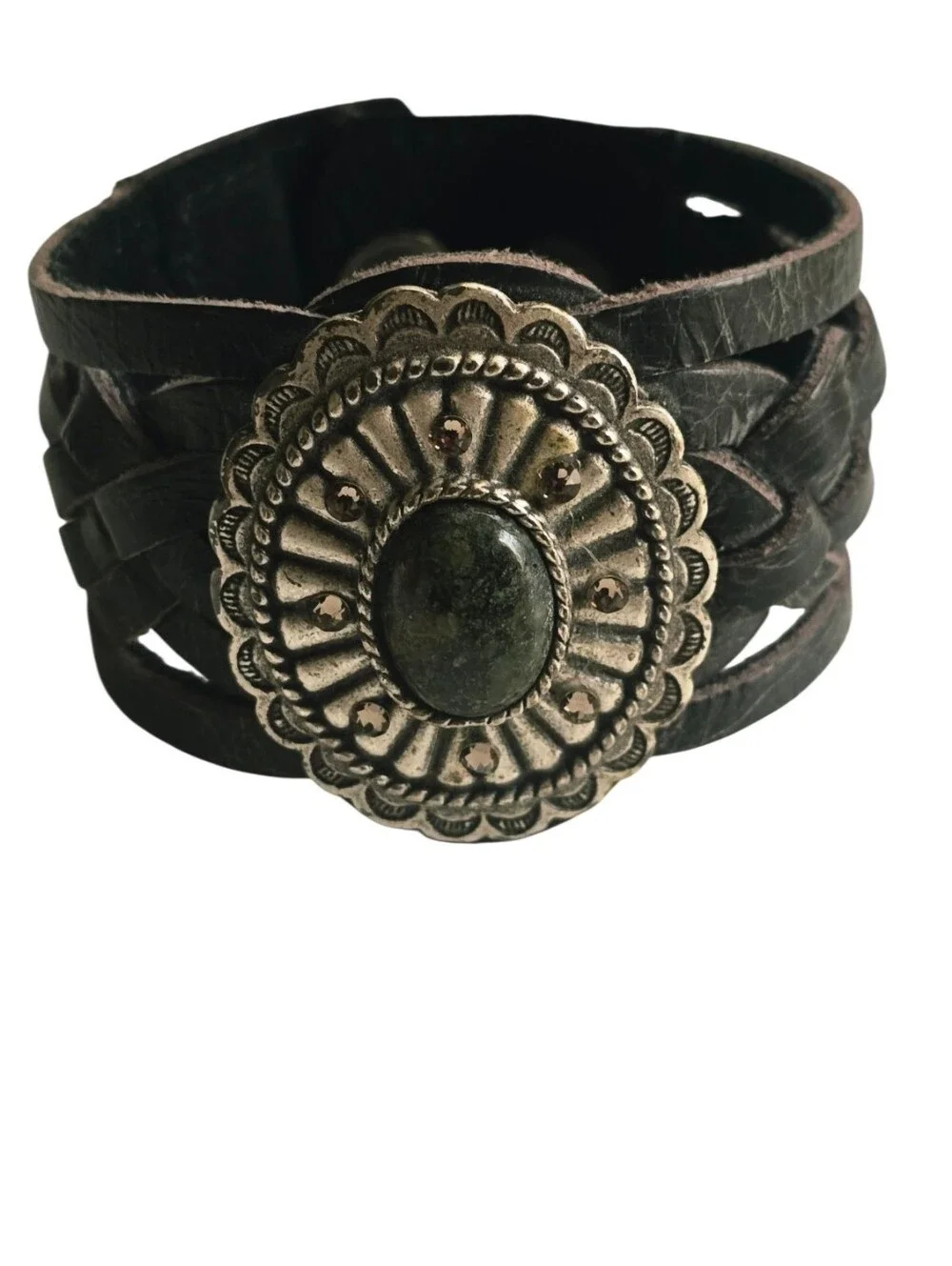 Leatherock USA Black Leather Concho Cuff Bracelet Stone Crystal Western 8.25